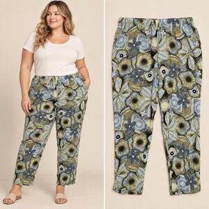 Islander Pants  Women's 3X Olive Floral Paisley Rayon Pull-On Boho Vacation Art